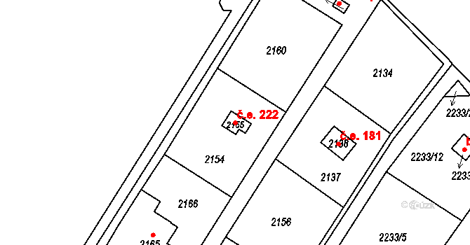 Křimice 222, Plzeň na parcele st. 2155 v KÚ Křimice, Katastrální mapa