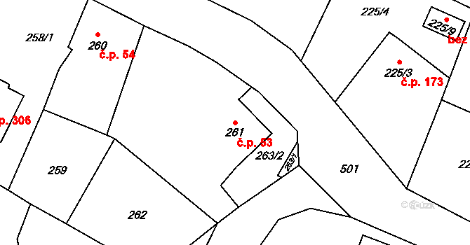 Bobrovníky 53, Hlučín na parcele st. 261 v KÚ Bobrovníky, Katastrální mapa