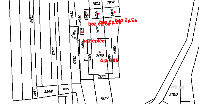 Hrušky 105 na parcele st. 787/5 v KÚ Hrušky u Brna, Katastrální mapa