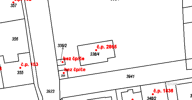 Horní Počernice 2865, Praha na parcele st. 338/4 v KÚ Horní Počernice, Katastrální mapa