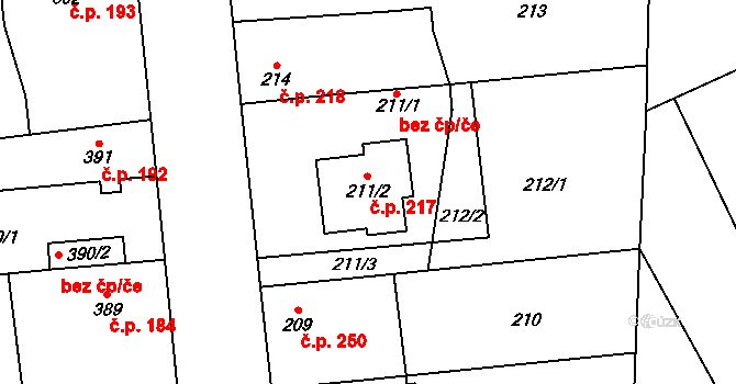 Lázně Bohdaneč 217 na parcele st. 211/2 v KÚ Lázně Bohdaneč, Katastrální mapa