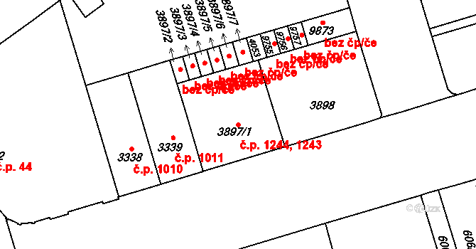 Bílé Předměstí 1243,1244, Pardubice na parcele st. 3898 v KÚ Pardubice, Katastrální mapa