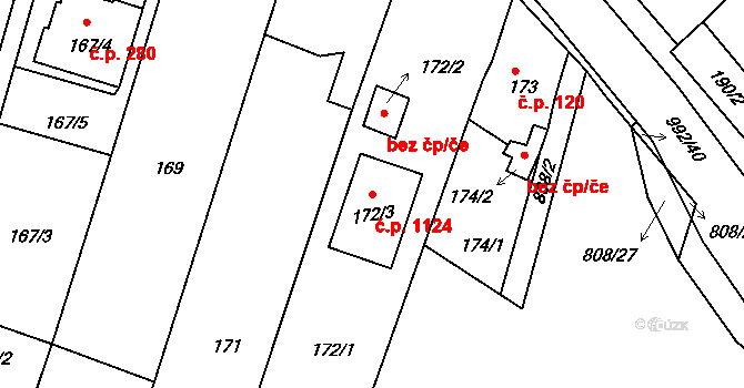 Srubec 1124 na parcele st. 172/3 v KÚ Srubec, Katastrální mapa