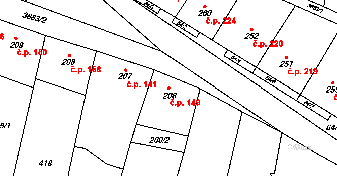 Řevničov 149 na parcele st. 206 v KÚ Řevničov, Katastrální mapa
