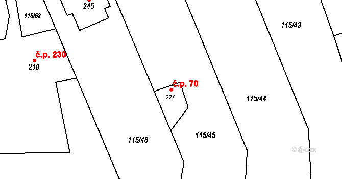 Dolní Radechová 70 na parcele st. 227 v KÚ Dolní Radechová, Katastrální mapa
