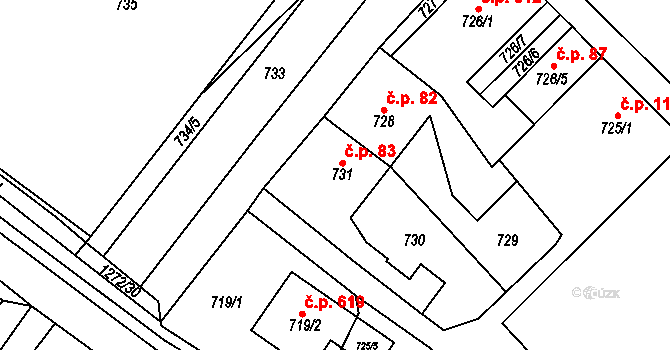 Zastávka 83 na parcele st. 731 v KÚ Zastávka, Katastrální mapa