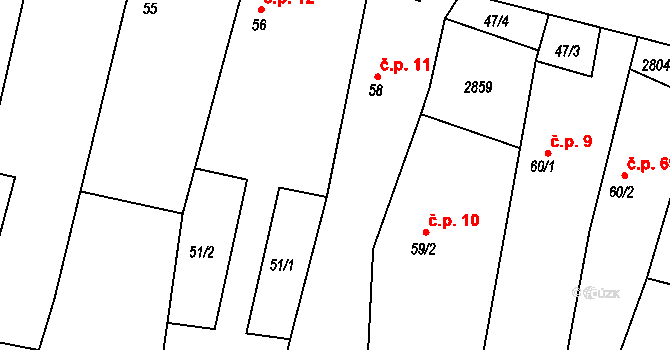Hodice 11 na parcele st. 58 v KÚ Hodice, Katastrální mapa