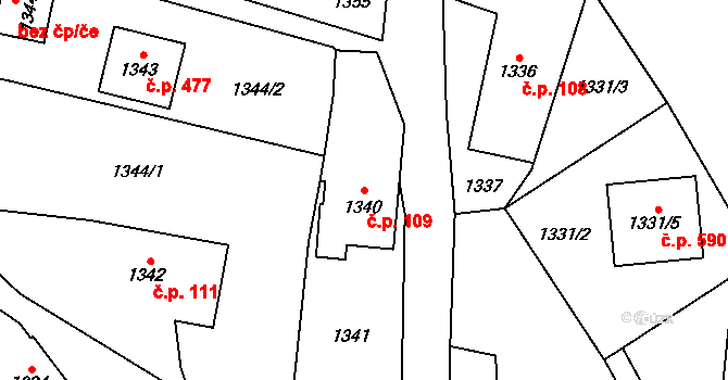 Fryčovice 109 na parcele st. 1340 v KÚ Fryčovice, Katastrální mapa