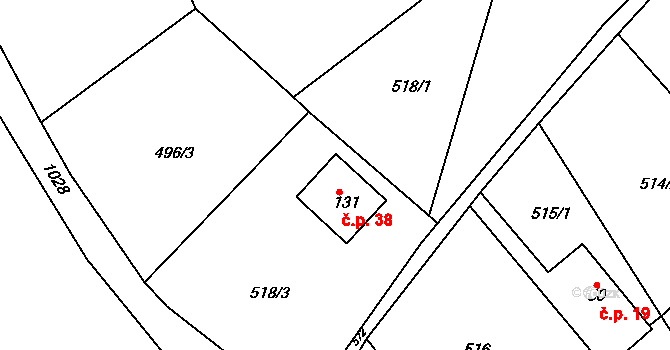 Horní Dehtov 38, Třebihošť na parcele st. 131 v KÚ Horní Dehtov, Katastrální mapa
