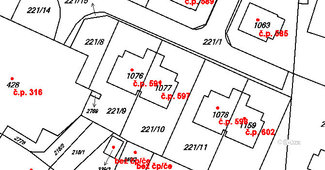 Bor 597 na parcele st. 1077 v KÚ Bor u Tachova, Katastrální mapa