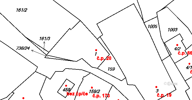 Kostelec u Holešova 20 na parcele st. 1 v KÚ Kostelec u Holešova, Katastrální mapa