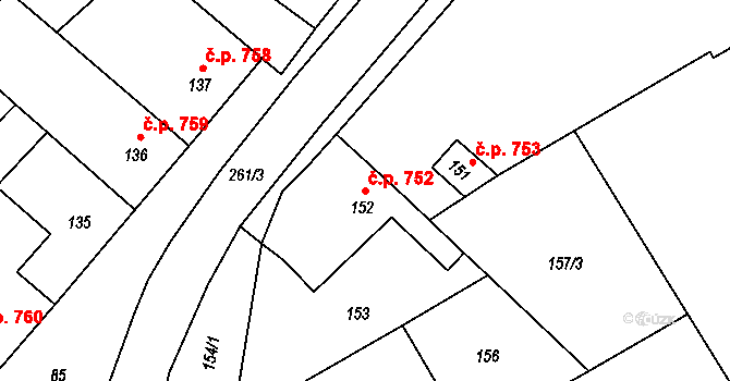 Březce 752, Štěpánov na parcele st. 152 v KÚ Březce, Katastrální mapa
