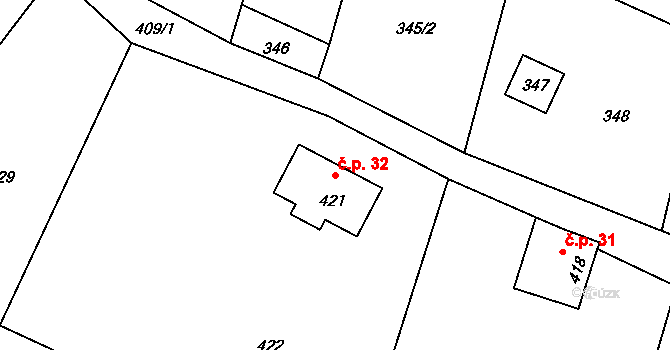 Hrachovec 32, Valašské Meziříčí na parcele st. 421 v KÚ Hrachovec, Katastrální mapa