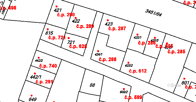 Lysá nad Labem 288 na parcele st. 424/1 v KÚ Lysá nad Labem, Katastrální mapa