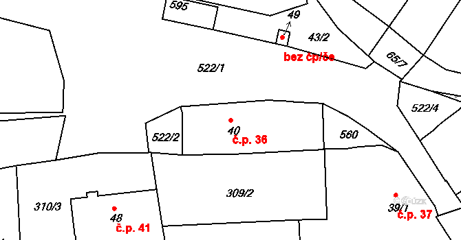 Mradice 36, Postoloprty na parcele st. 40 v KÚ Mradice, Katastrální mapa
