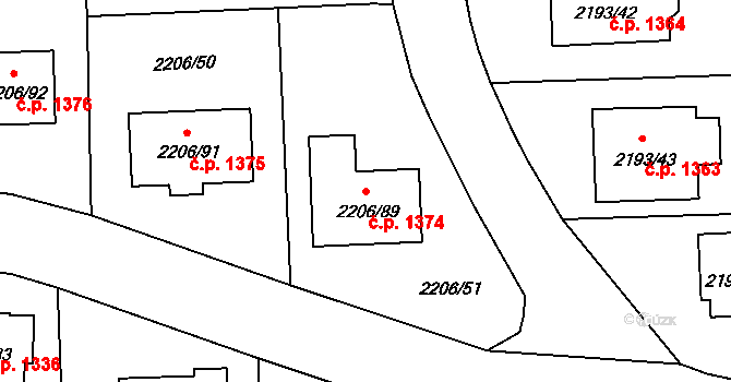 Pelhřimov 1374 na parcele st. 2206/89 v KÚ Pelhřimov, Katastrální mapa