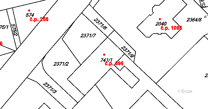 Pacov 596 na parcele st. 741/1 v KÚ Pacov, Katastrální mapa