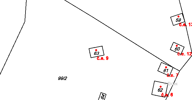 Karlova Ves 9 na parcele st. 63 v KÚ Karlova Ves, Katastrální mapa