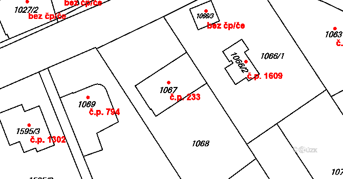 Radotín 233, Praha na parcele st. 1067 v KÚ Radotín, Katastrální mapa