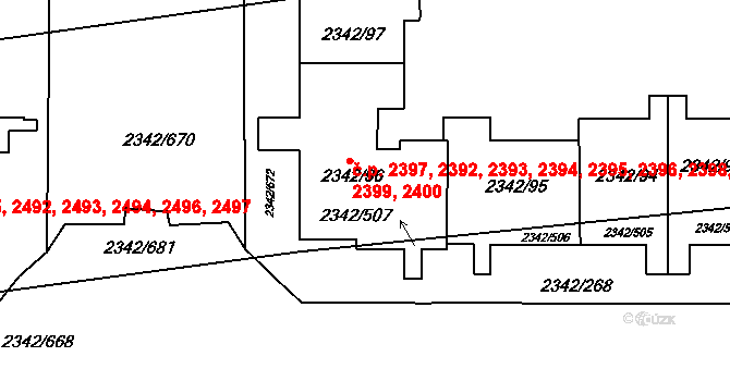 Stodůlky 2392,2393,2394,2395,, Praha na parcele st. 2342/96 v KÚ Stodůlky, Katastrální mapa