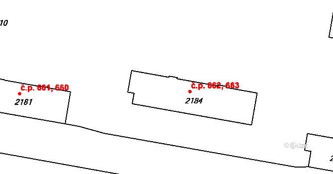 České Budějovice 3 662,663, České Budějovice na parcele st. 2184 v KÚ České Budějovice 3, Katastrální mapa