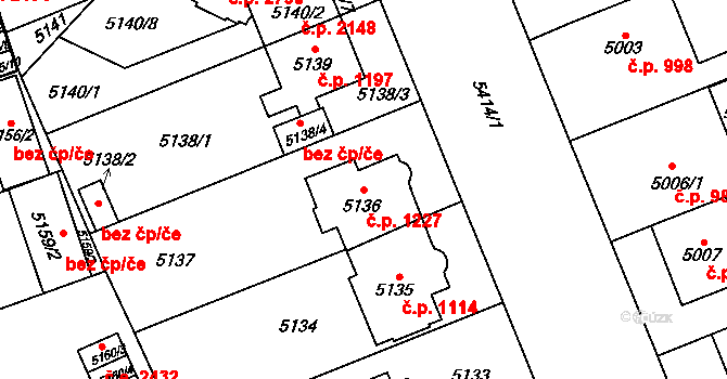 Východní Předměstí 1227, Plzeň na parcele st. 5136 v KÚ Plzeň, Katastrální mapa