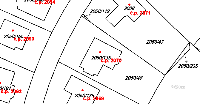 Pelhřimov 2070 na parcele st. 2050/135 v KÚ Pelhřimov, Katastrální mapa