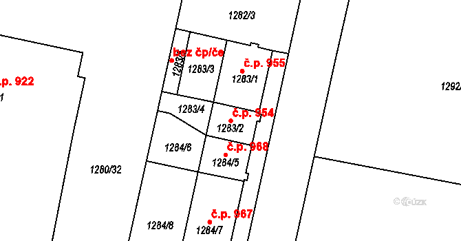 Čakovice 954, Praha na parcele st. 1283/2 v KÚ Čakovice, Katastrální mapa