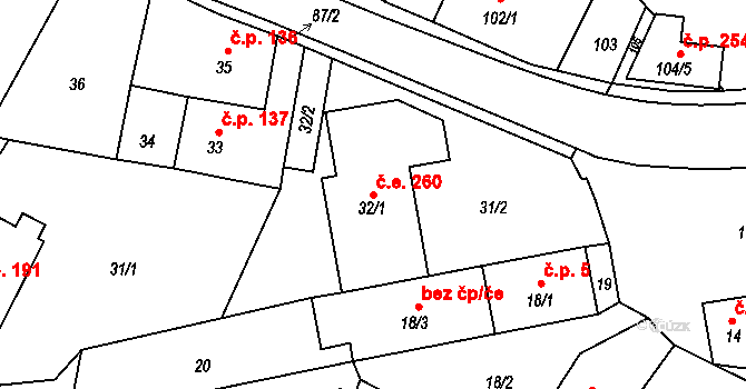 Újezdeček 260 na parcele st. 32/1 v KÚ Újezdeček, Katastrální mapa