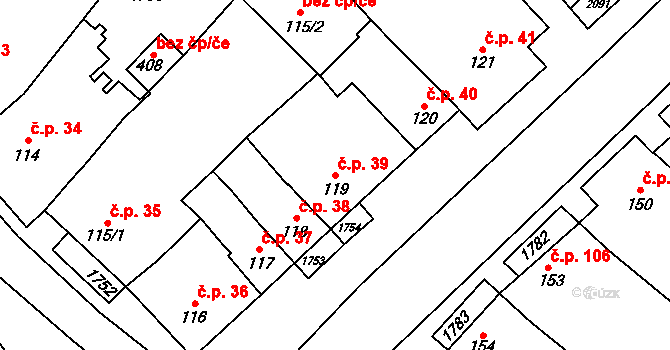 Hostěrádky-Rešov 39 na parcele st. 119 v KÚ Hostěrádky, Katastrální mapa