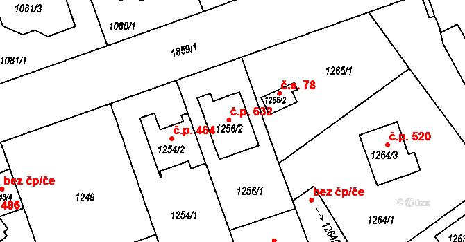 Koterov 632, Plzeň na parcele st. 1256/2 v KÚ Bručná, Katastrální mapa