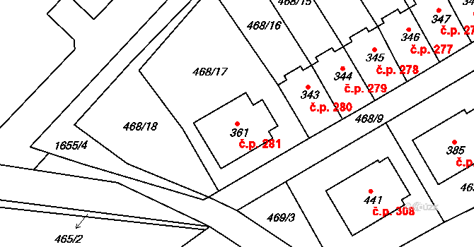 Rosice 281 na parcele st. 361 v KÚ Rosice u Chrasti, Katastrální mapa