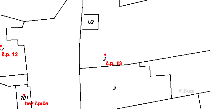 Dolní Jamné 13, Bezvěrov na parcele st. 2 v KÚ Dolní Jamné, Katastrální mapa