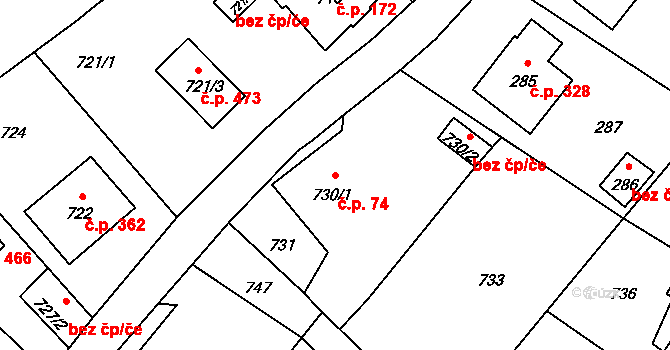 Bukovice 74, Jeseník na parcele st. 730/1 v KÚ Bukovice u Jeseníka, Katastrální mapa