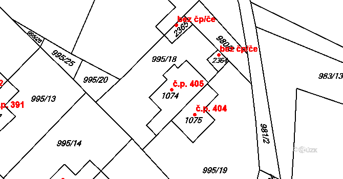 Jílové u Prahy 405 na parcele st. 1074 v KÚ Jílové u Prahy, Katastrální mapa