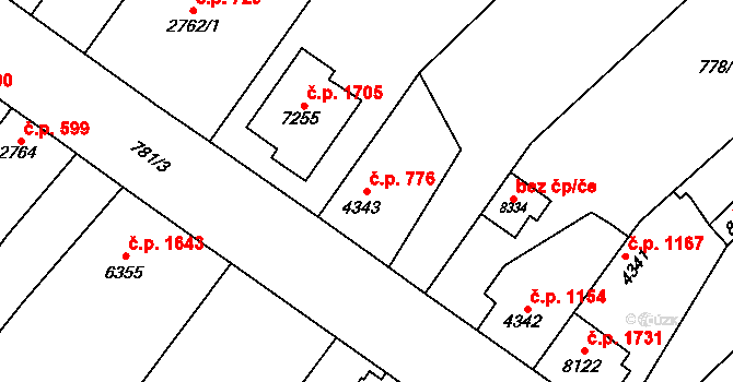 Bílé Předměstí 776, Pardubice na parcele st. 4343 v KÚ Pardubice, Katastrální mapa