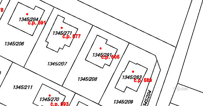 Pokratice 605, Litoměřice na parcele st. 1345/291 v KÚ Pokratice, Katastrální mapa
