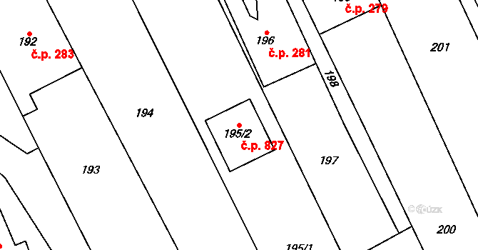 Staříč 827 na parcele st. 195/2 v KÚ Staříč, Katastrální mapa