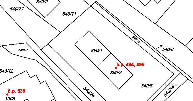 Šťáhlavy 494,495 na parcele st. 890/2 v KÚ Šťáhlavy, Katastrální mapa
