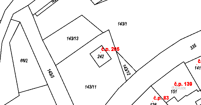 Hroubovice 205 na parcele st. 242 v KÚ Hroubovice, Katastrální mapa
