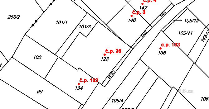 Chvalnov 36, Chvalnov-Lísky na parcele st. 123 v KÚ Chvalnov, Katastrální mapa