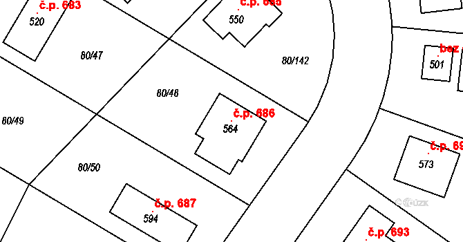 Vysoký Újezd 686 na parcele st. 564 v KÚ Vysoký Újezd u Berouna, Katastrální mapa