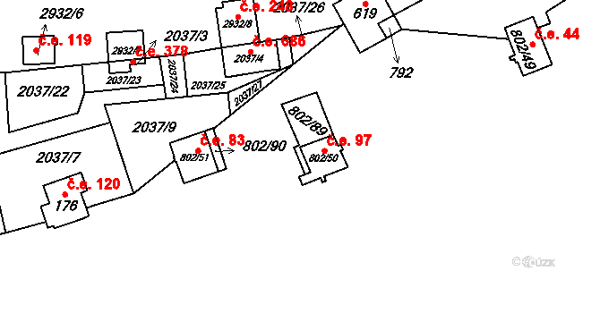 Vranov nad Dyjí 97 na parcele st. 802/50 v KÚ Vranov nad Dyjí, Katastrální mapa