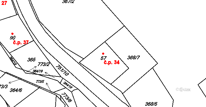 Hrabůvka 34 na parcele st. 57 v KÚ Hrabůvka u Hranic, Katastrální mapa