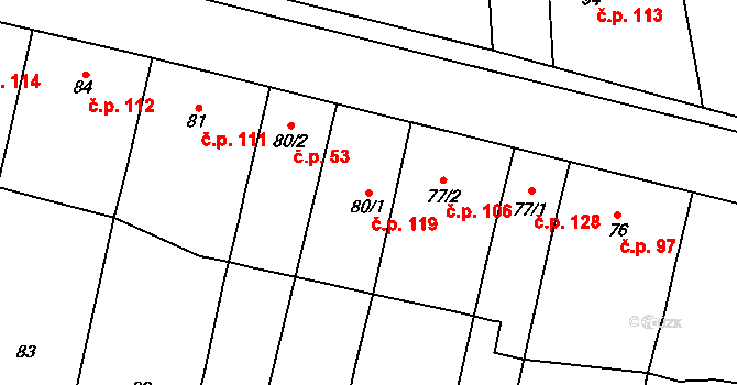 Želatovice 119 na parcele st. 80/1 v KÚ Želatovice, Katastrální mapa