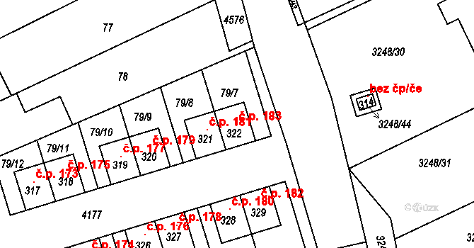 Kozlany 183 na parcele st. 322 v KÚ Kozlany u Vyškova, Katastrální mapa