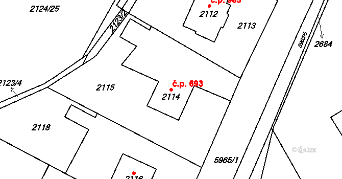 Bystřice 693 na parcele st. 2114 v KÚ Bystřice nad Olší, Katastrální mapa