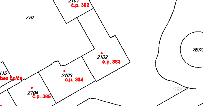 Lyžbice 383, Třinec na parcele st. 2102 v KÚ Lyžbice, Katastrální mapa