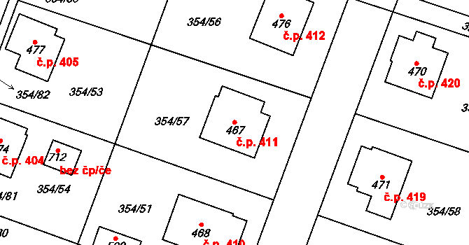 Rožďalovice 411 na parcele st. 467 v KÚ Rožďalovice, Katastrální mapa