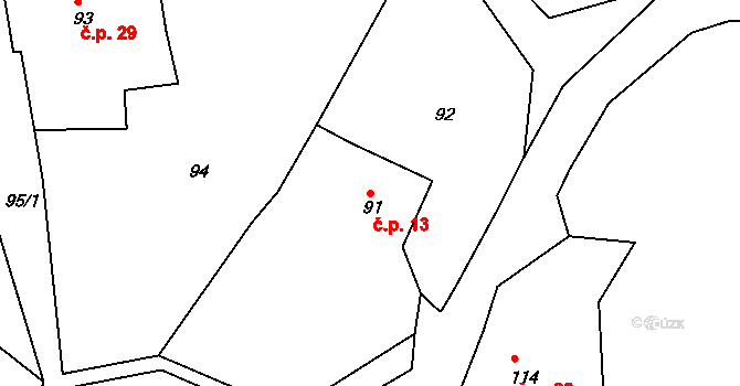 Rané 13, Kravaře na parcele st. 91 v KÚ Rané, Katastrální mapa